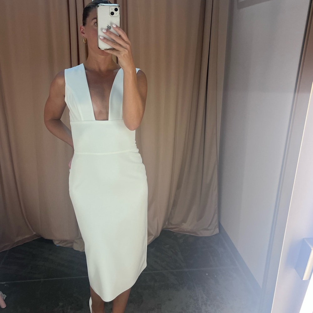 Sarah Seven White Plunging Midi Dress